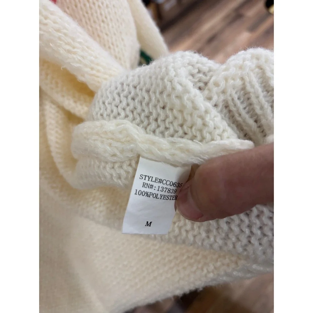 Luna Ivy Cream Cherry‎ Pom Pom Open Front Chunky Knit Cardigan Sweater Womens M